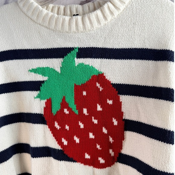 Cropped Strawberry Motif Sweater M Cream Black Striped Knit Cottagecore Coquette - Picture 5 of 8